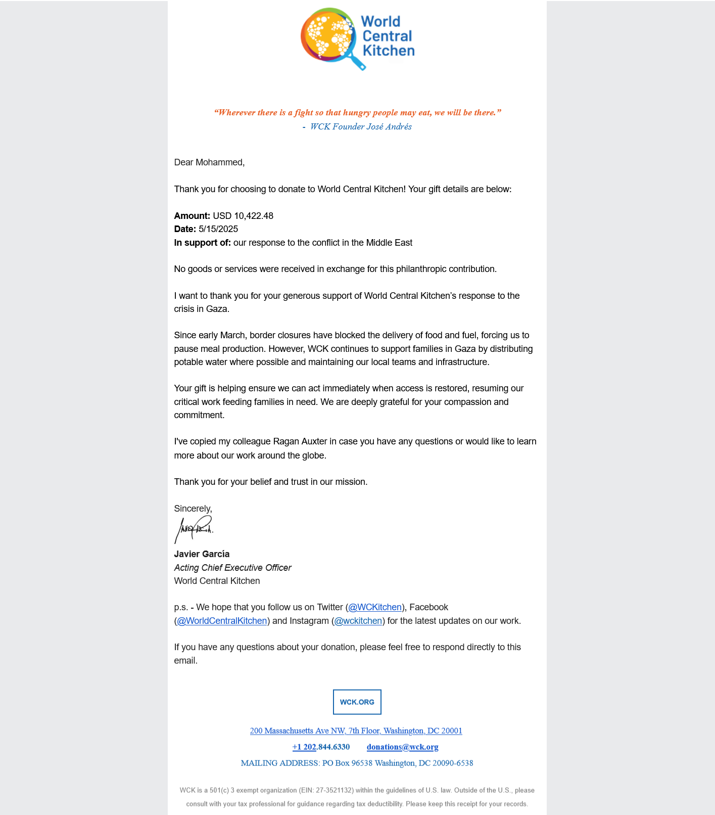 Lettre de World Central Kitchen